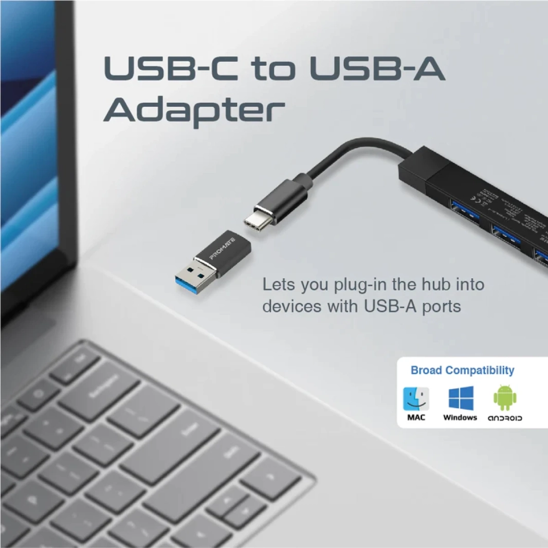 PROMATE LITEHUB-4 4 في 1 منافذ USB-C HUB 4 منافذ USB-A 480MBPS / 5GBPS معدل نقل لنظام التشغيل Windows & Mac-أسود