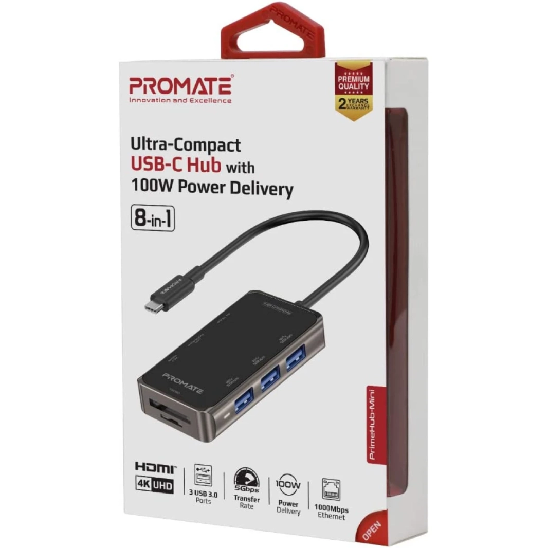 Premate Primehub-Mini 8 in 1 Type-C Adapter 100W USB-C Power Power Delivery 4K HDMI ، TF/SD SLOT ، PORT RJ45 و 3 USB 3.0 SYNC Charge