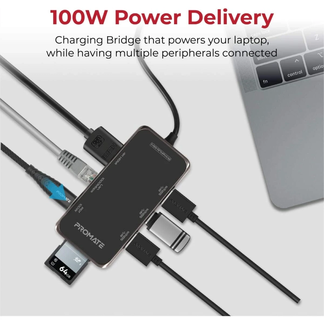 Premate Primehub-Mini 8 in 1 Type-C Adapter 100W USB-C Power Power Delivery 4K HDMI ، TF/SD SLOT ، PORT RJ45 و 3 USB 3.0 SYNC Charge