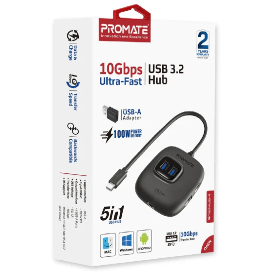 PROMATE SNAPHUB-4 4 في 1 Ultra Fast USB 3.2 HUB 4 منافذ USB-A معدل نقل 10 جيجابت في الثانية 5V 1A الجهد