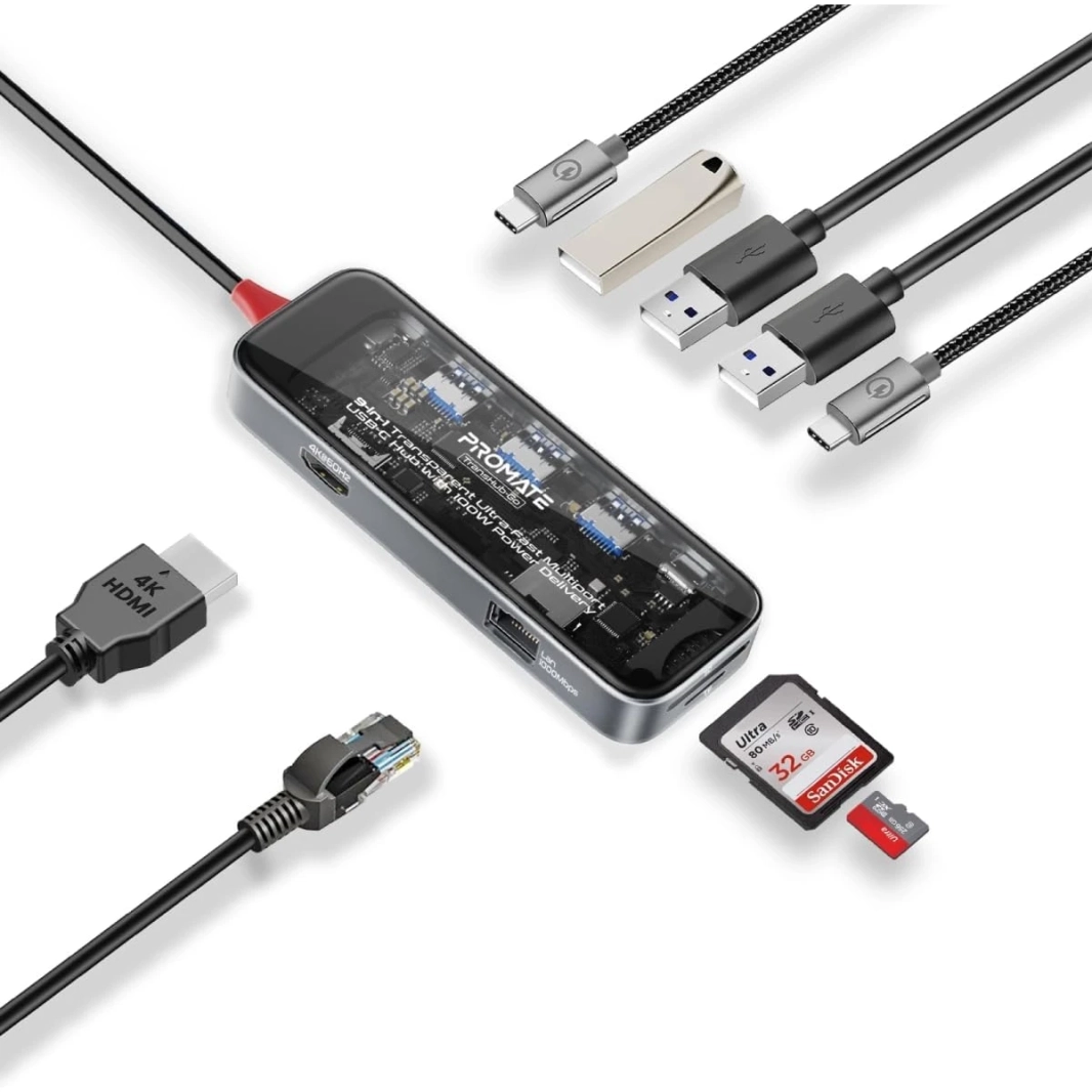 Promate TransHub-Go USB-C™ Hub 9-in-1 Multi-Display Media Hub 4K@60Hz HDMI 1000Mbps LAN 2x USB-A 5Gbps Ports 100W USB-C™ Power Delivery