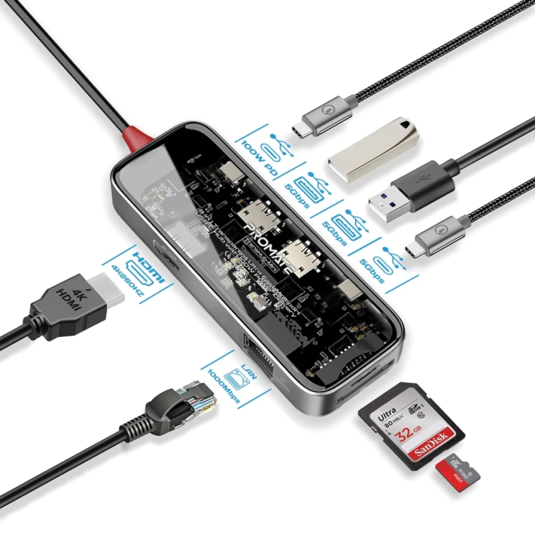 PRUMATE TRANSHUB-MINI USB-C ™ HUB 8-in-1 Media Hub 4K@60Hz HDMI 1000MBPS LAN SD/TF PROTTS 2X USB-A 5GBPS POTTS 100W USB-C ™ Delivery