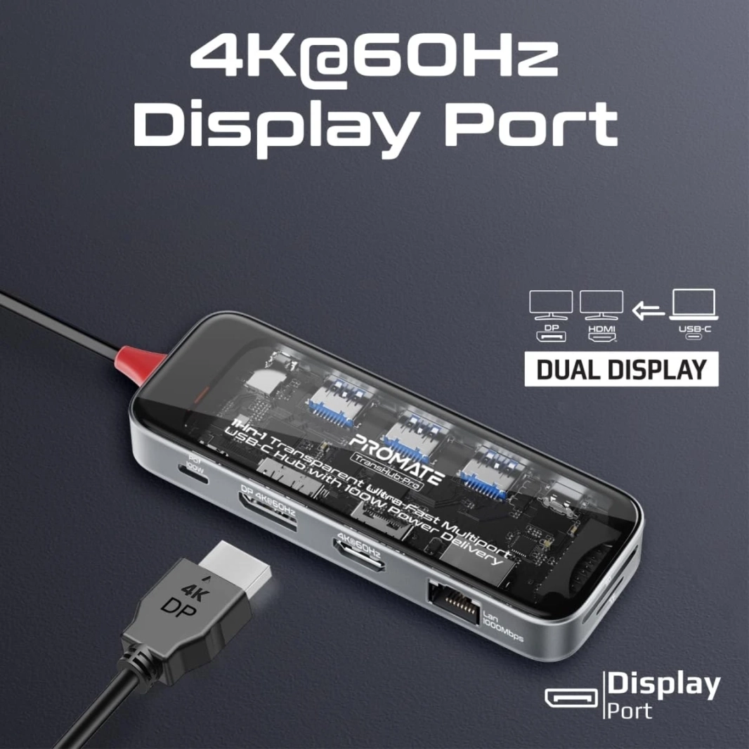 PROMATE TRANSHUB-PRO USB-C HUB 11-IN-1 Multi-Display 2x 4K HDMI 4K DisplayPorts 1000MBPS LAN AUX SD/TF USB PORTS