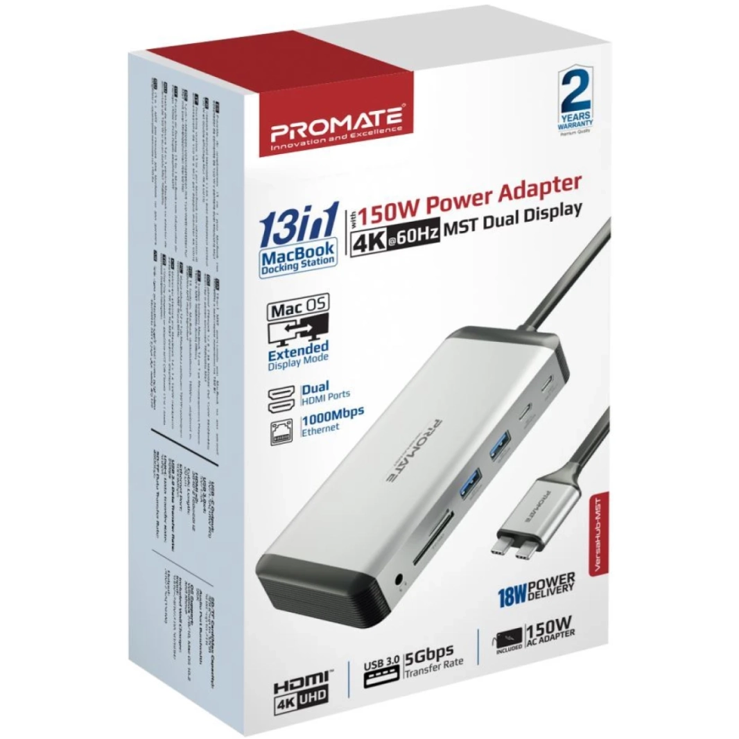 PROMATE VERSAHUB-MST 12-in-1 Macbook Station Extended Multi-Display Dual 4K HDMI Premium 100W Dual Pin Macbook