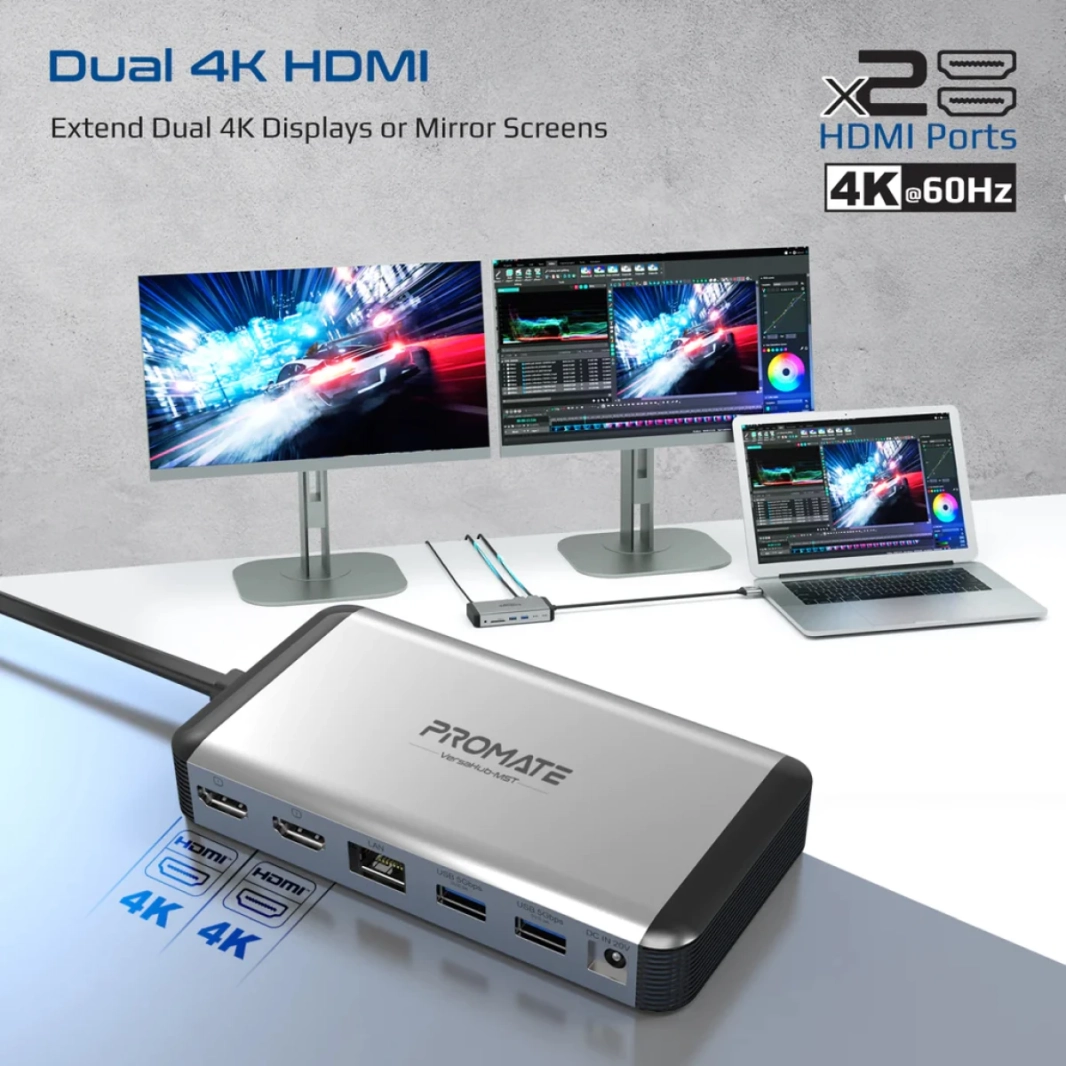 PROMATE VERSAHUB-MST 12-in-1 Macbook Station Extended Multi-Display Dual 4K HDMI Premium 100W Dual Pin Macbook