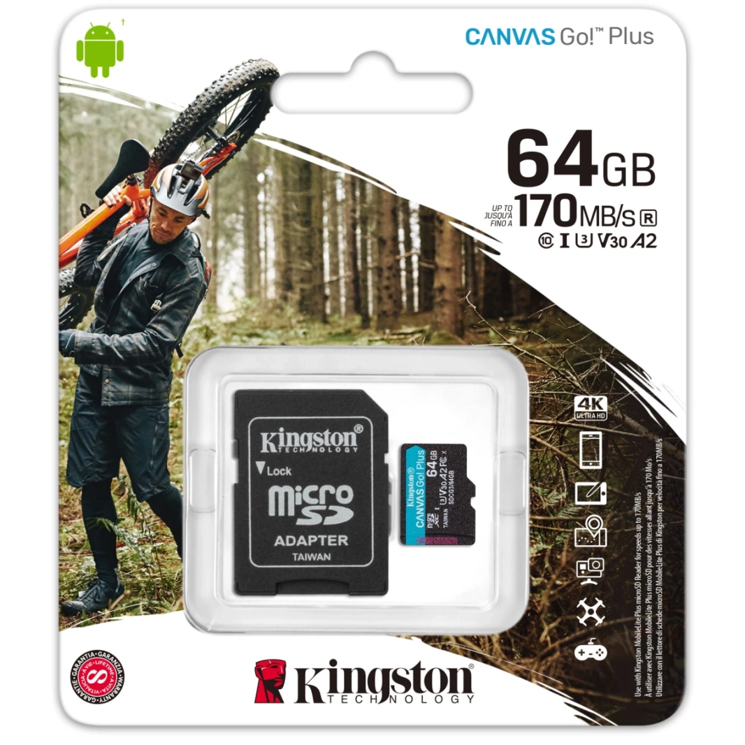 Kingston 64GB microSDXC Canvas Go Plus 170MB/s Read UHS-I C10 U3, V30 Memory Card