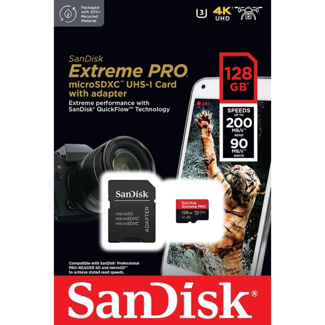 Sandisk Extreme Pro 128GB MicroSDXC UHS-I V30 200MB/S اقرأ 140 ميجابايت/ثانية بطاقة ذاكرة للكتابة على 4K على الهواتف الذكية CAMS & DRANES