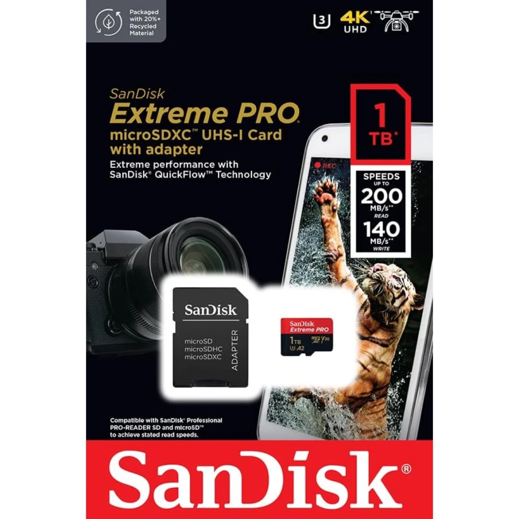 SanDisk Extreme Pro 1TB MicroSDXC UHS-I V30 200MB/S اقرأ 140 ميجابايت/ثانية بطاقة ذاكرة للكتابة على 4K فيديو على الهواتف الذكية كاميرات وطائرات بدون طيار