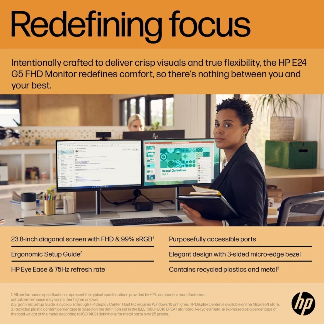 HP E24 G5 24" IPS Full HD Professional 75Hz 4-Way Adjustable Stand 99% sRGB HP Eye Ease w/ Display Port & HDMI & USB Hub