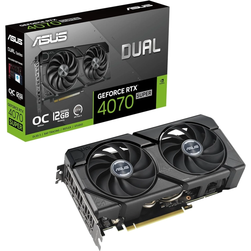 ASUS Dual Geforce RTX 4070 Super Evo OC Edition PCIE 4.0 12GB GDDR6X DLSS 3 AXIAL-TECH DESICAL TECHNOALS AUTO-EXTREME