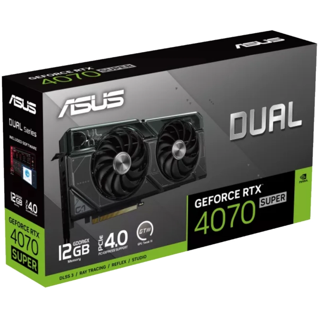 ASUS Dual Geforce RTX 4070 Super PCIE 4.0 12GB GDDR6X DLSS 3 Axial-Tech Design Design Technology Auto-Extreme