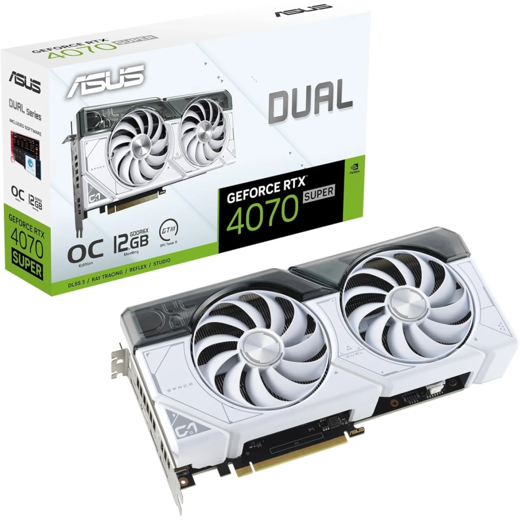 ASUS Dual Geforce RTX 4070 Super PCIE 4.0 12GB GDDR6X DLSS 3 AXIAL-TECH DESICAL TECHNOLY AUTO-EXTREME-WHITE