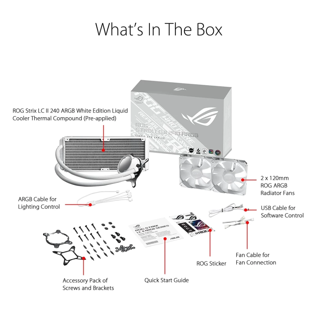 Asus Rog Strix LC II 240 Argb AIO Liquid Cooler 240mm دعم Intel & AMD 2x 120mm 4 -Pin PWM Fansable RGB - White