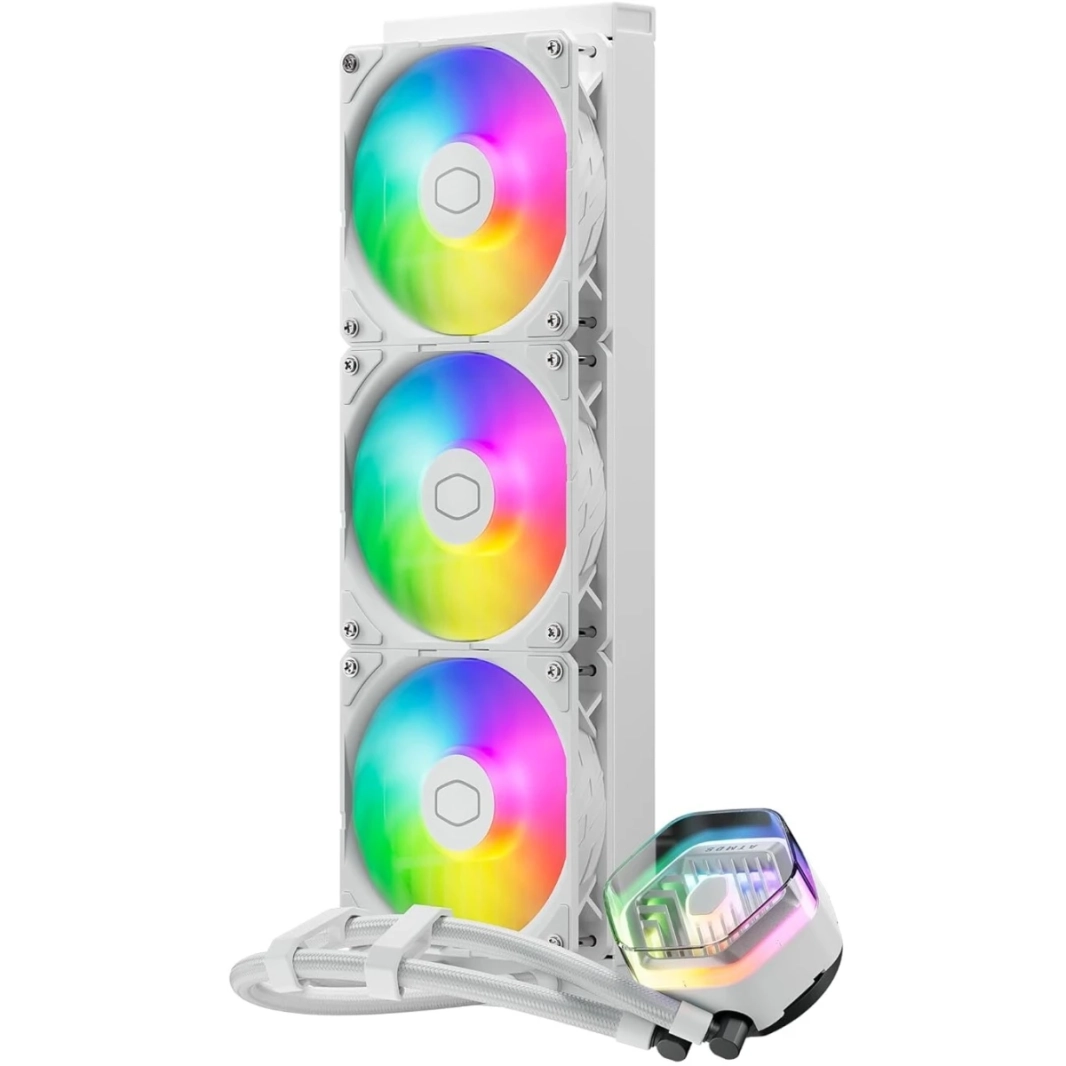 Cooler Master Masterliquid 360 Atmos Argb Aio Liquid Cooler تخصيص المضخة المنجلية الحافة PWM المعجبين 360mm Cryofuze لـ AMD & Intel - أبيض