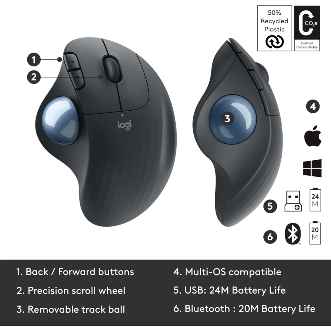 Logitech Ergo M575 اللاسلكية الماوس الماوس السهل التحكم في الإبهام وتتبع سلس التصميم المريح Windows & Mac - Graphite