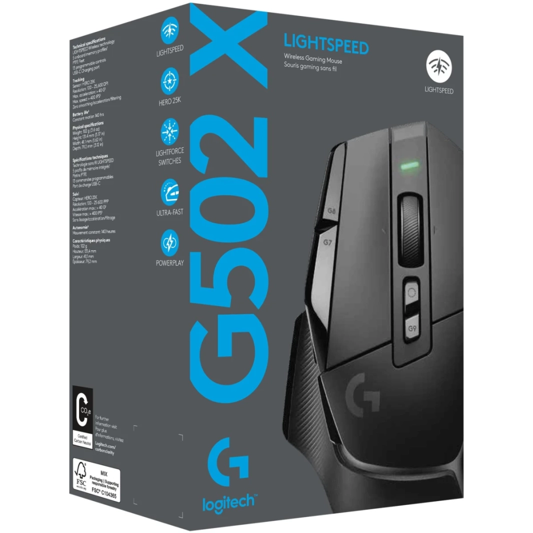 Logitech G502 x Lightspeed Wireless Lightforce Hybrid Optical -Mechanical Switches Hero 25K Sensor for MacOS & Windows - Black