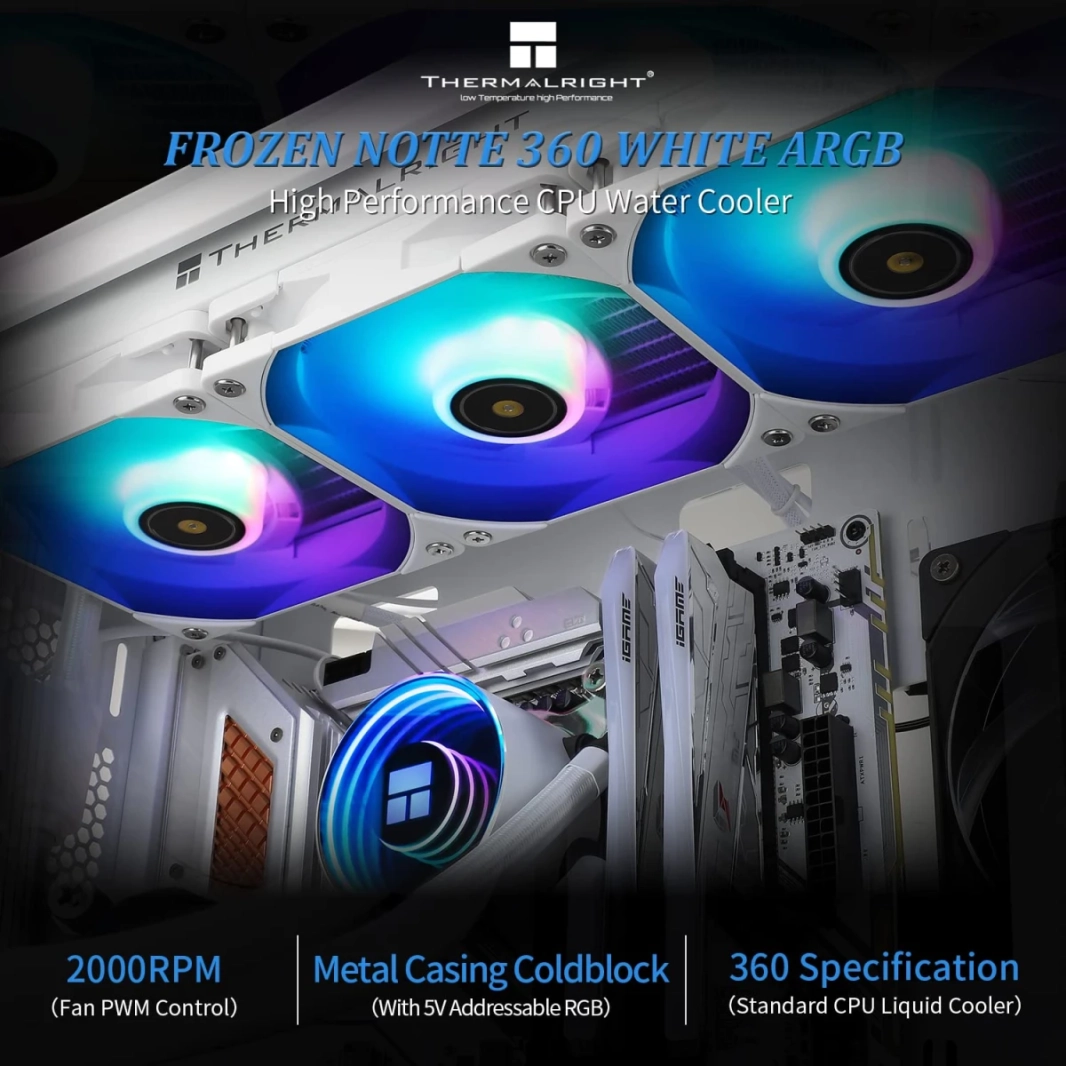 Thermalright Frozen Notte 360 ​​Argb Water Cooler 3x PWM Fans S -FDB V2 محامل لـ AMD/Intel - أبيض