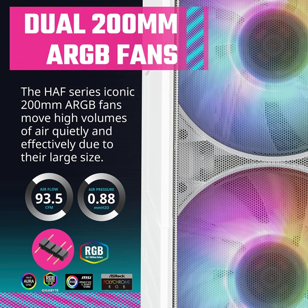 Cooler Master Haf 500 White Edition High Airflow Mesh Argb Lighting Fans USB 3.2 Gen 2 Type C