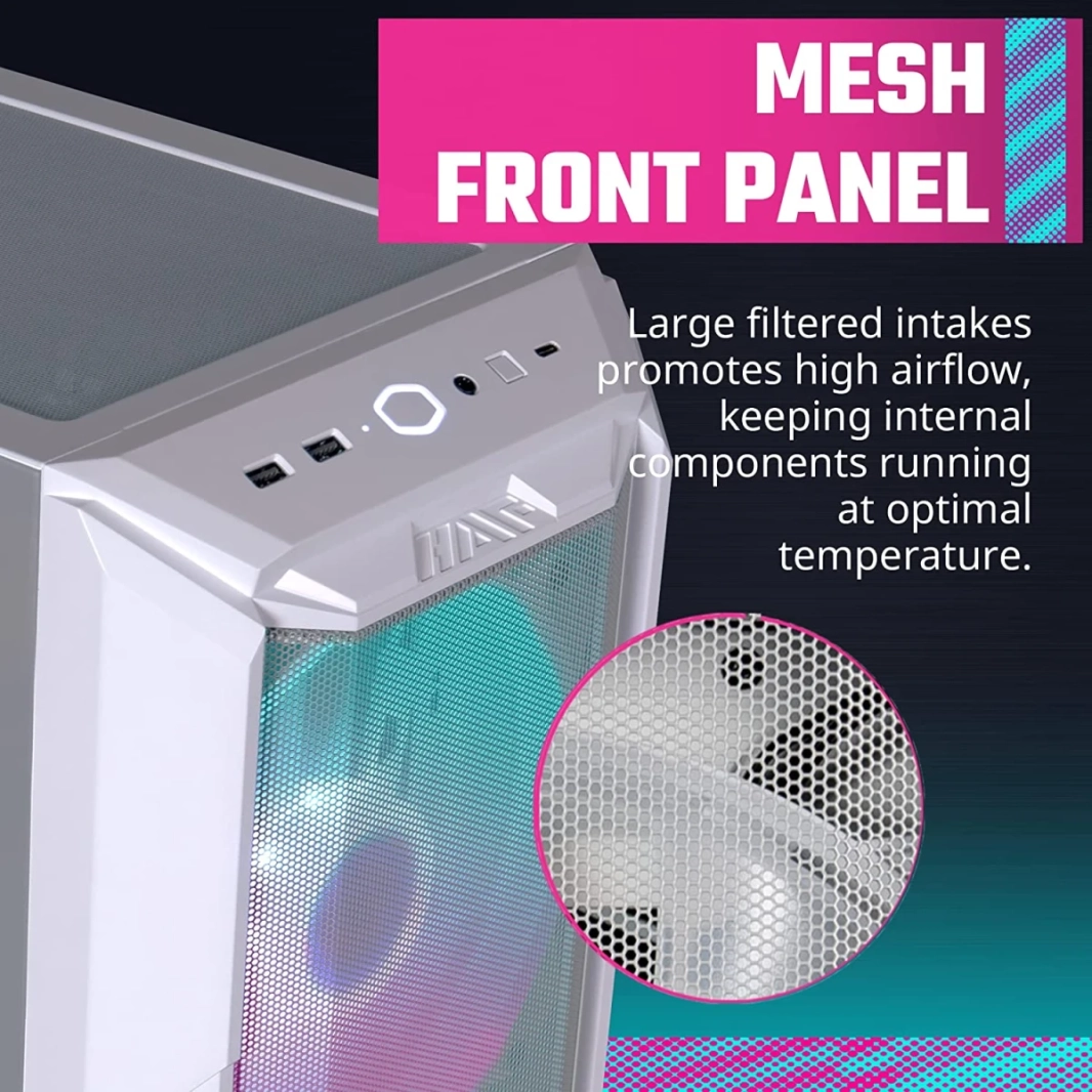 Cooler Master Haf 500 White Edition High Airflow Mesh Argb Lighting Fans USB 3.2 Gen 2 Type C