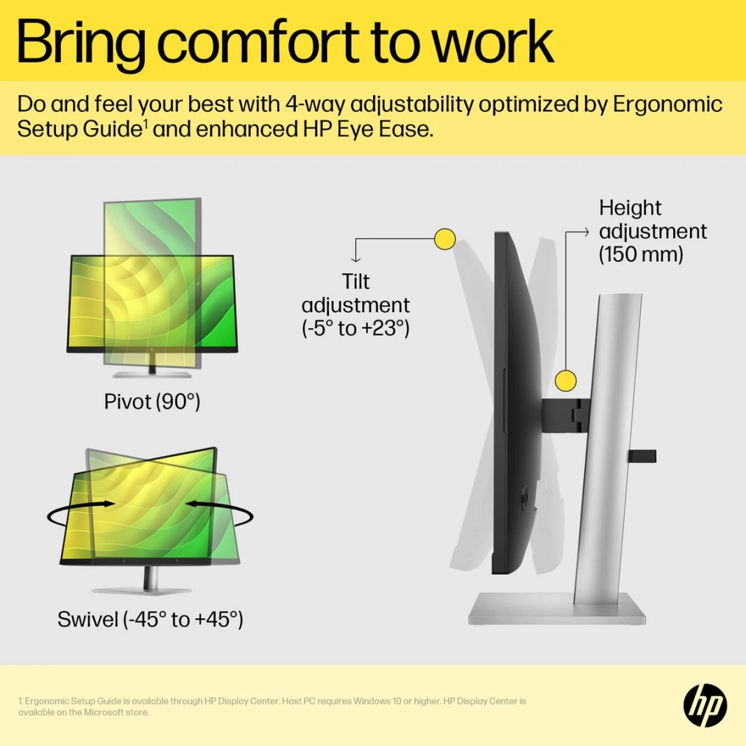 HP E24Q G5 24 "IPS 2K Professional 4-Way قابل للتعديل 99 ٪ SRGB 300NITS HP EYE EAGE W/ DISTRAL