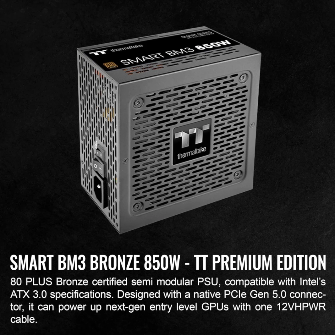 Thermaltake Smart BM3 850W 80Plus Bronze ATX 3.0 & PCIE 5.0 Ready Semi-Modular Power Supply - Black