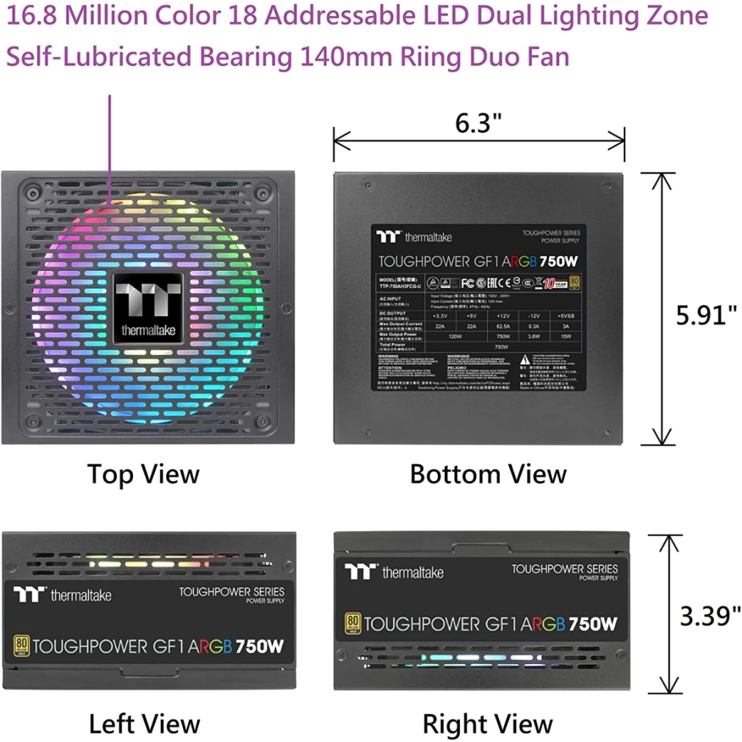 Thermaltake Toughpower GF1 ARGB 750W 80+ GOLD SYNC/TANANOG يتم التحكم فيها الكامل PSU