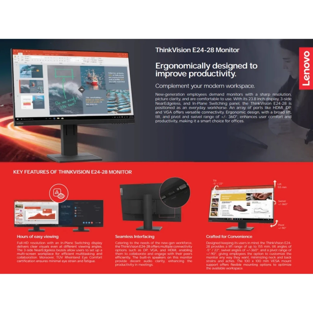 Lenovo ThinkVision E24-28 24" IPS Full HD VGA , HDMI , DisplayPort Interface w/ Speakers & Adjustable Stand