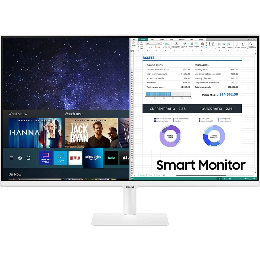 SAMSUNG 27" M5 Full HD Smart Monitor w/ Speakers Remote 1 Billion Color Smart TV apps Samsung TV Plus & Dex - White