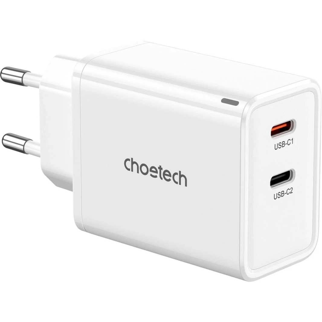 Choetech PD-6013 مزدوج USB Type-C Charger Max 65W W/ Overvoltage وحماية الجهد غير المنخفض القابس-أبيض
