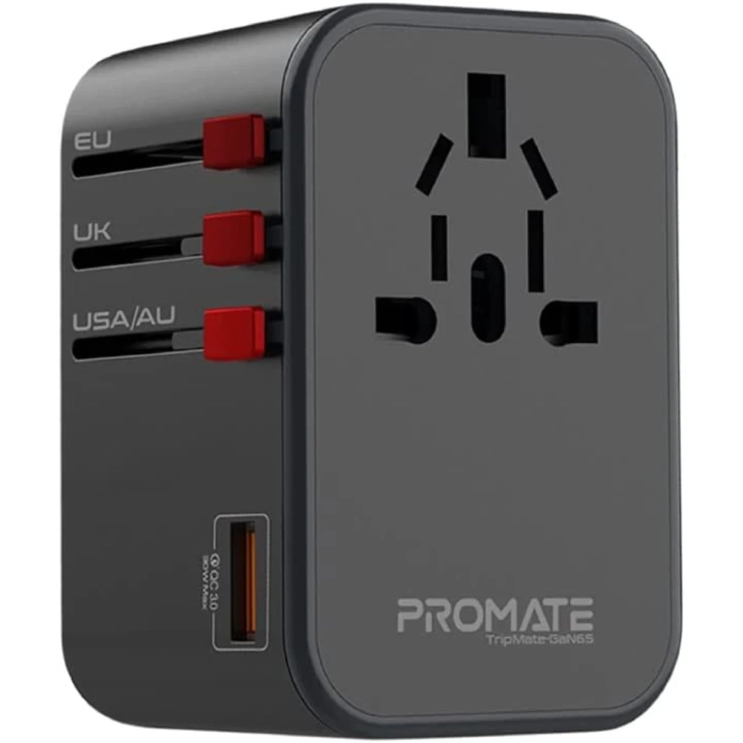 PROMATE GAN65 محول رسوم السفر مع 1840W AC Socket 65W منافذ توصيل الطاقة USB-C مزدوجة 30W QC 3.0 PORT