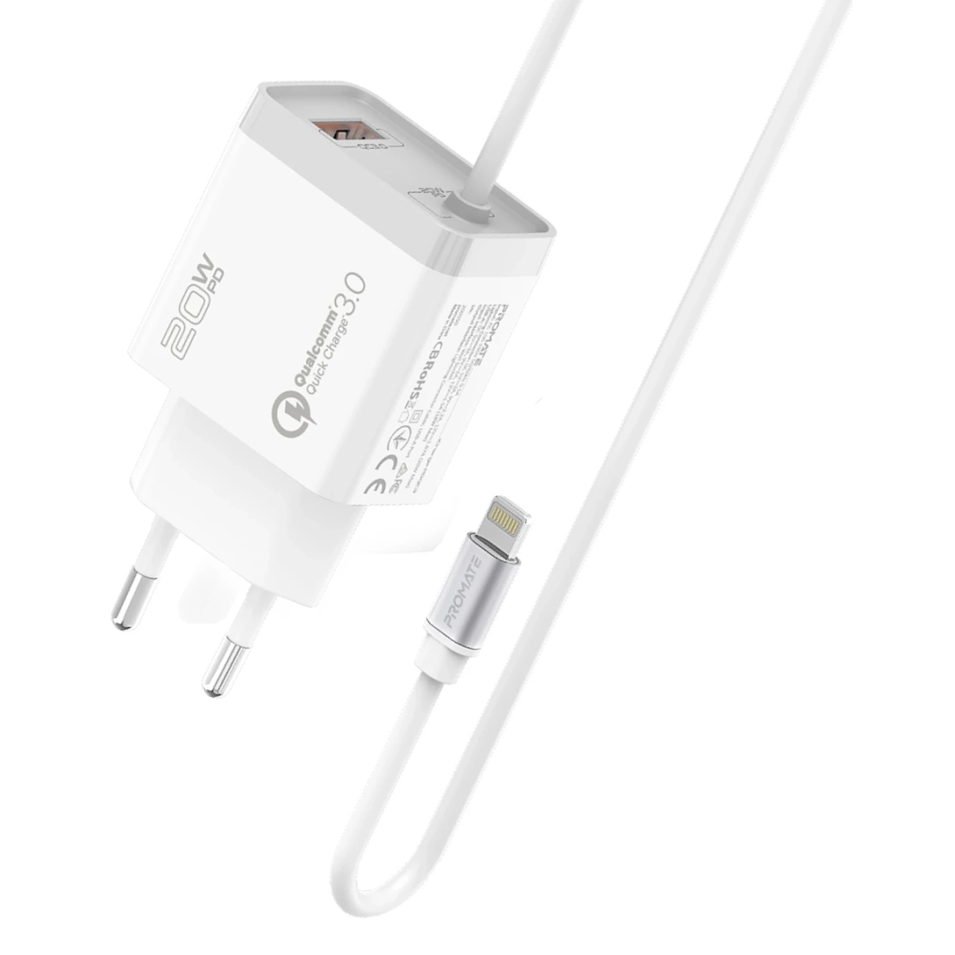 PROMATE ICHARGE -PDQC3 iPhone Wall Wall Fast Charging 20W POWER 1.5M Cable Cable w/ Quick Charge 3.0 Port EU Outlet - White