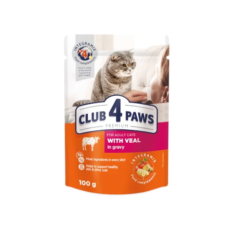 CLUB 4 PAWS PREMIUM "WITH VEAL IN GRAVY". СOMPLETE CANNED PET FOOD FOR ADULT CATS  - /100gm