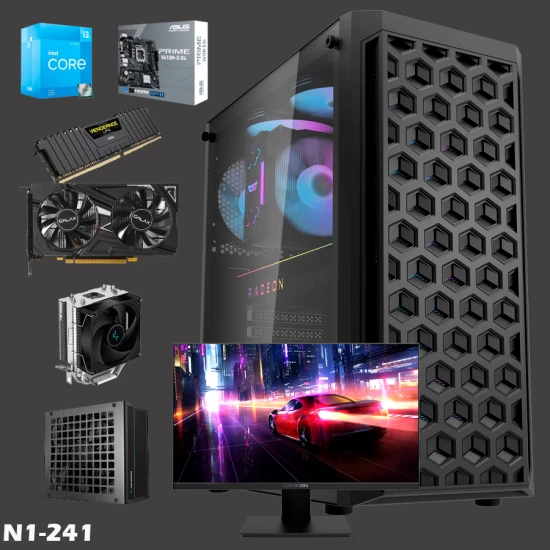 جهاز كمبيوتر شخصي N1 GAMING BUILD N241 - وحدة معالجة رسومية GTX 1650 من Intel I3 12100F CPU من الجيل الثاني وذاكرة وصول عشوائي 8 جيجابايت وتردد 3600 ميجاهرتز ومحرك أقراص SSD 480 مع شاشة مقاس 24 بوصة