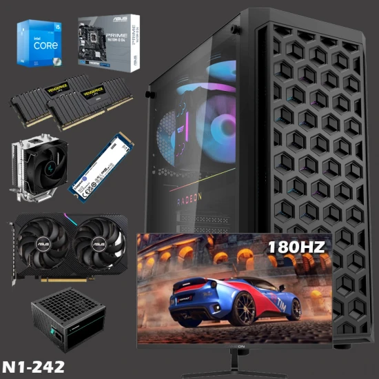 جهاز كمبيوتر شخصي N1 GAMING BUILD N242 - وحدة معالجة رسومية RTX 3060 12G ووحدة معالجة مركزية INTEL I5 12400F 12GEN وذاكرة وصول عشوائي 16 جيجابايت وتردد 3600 ميجاهرتز وقرص SSD سعة 500 جيجابايت مع شاشة 