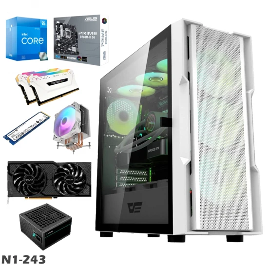 جهاز كمبيوتر N1 للألعاب N243 - وحدة معالجة رسومية RTX 4060 8G ووحدة معالجة مركزية INTEL I5 12400F 12GEN وذاكرة وصول عشوائي 16 جيجابايت (8*2) وسرعة 3600 ميجاهرتز ومحرك أقراص SSD NV2 سعة 1 تيرابايت