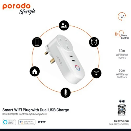 قابس واي فاي ذكي من PORODO LIFESTYLE مزود بشاحن USB مزدوج يعمل مع ALEXA ومساعد Google