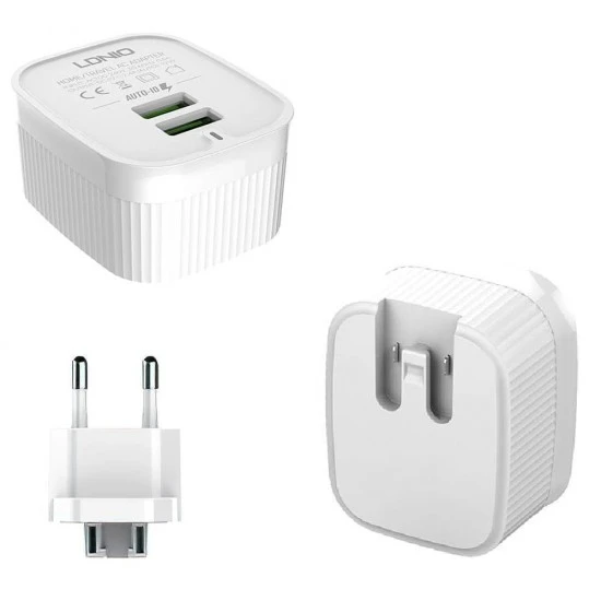 شاحن سريع للهاتف LDNIO A201 بمنفذ USB مزدوج بقوة 12 وات لهاتف iPhone بمنفذ Lightning EU - بطول 1 متر
