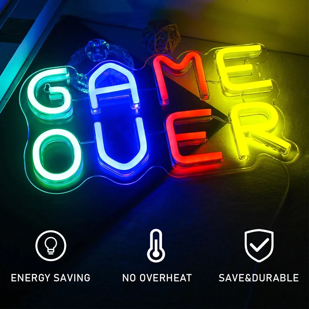 لافتات نيون LED Game Over مصنوعة يدويًا من الأكريليك ومزينة بمنفذ USB