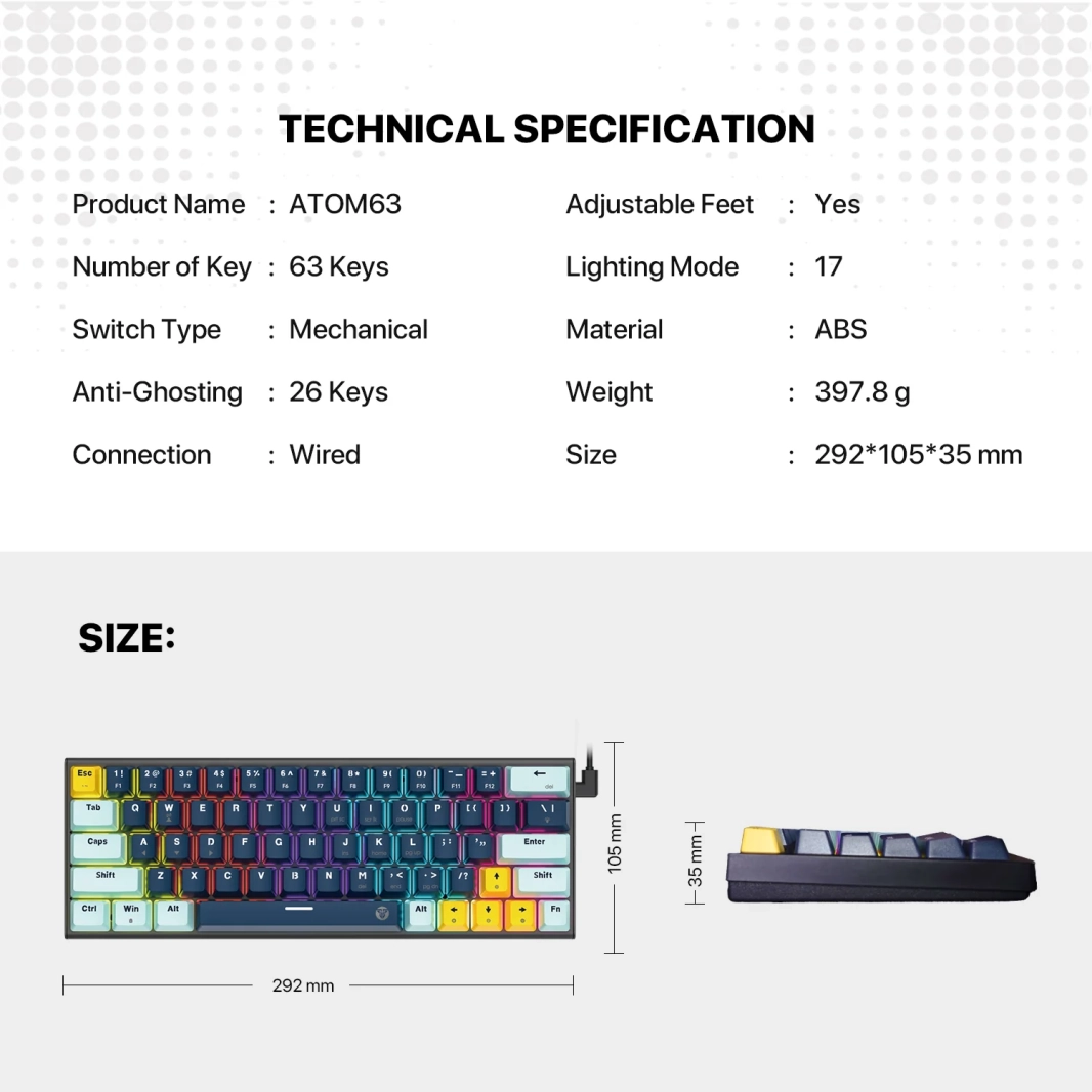 Fantech MK874 V2 Atom 63 Hot swappable Mechanical Keyboard Navy Blue
