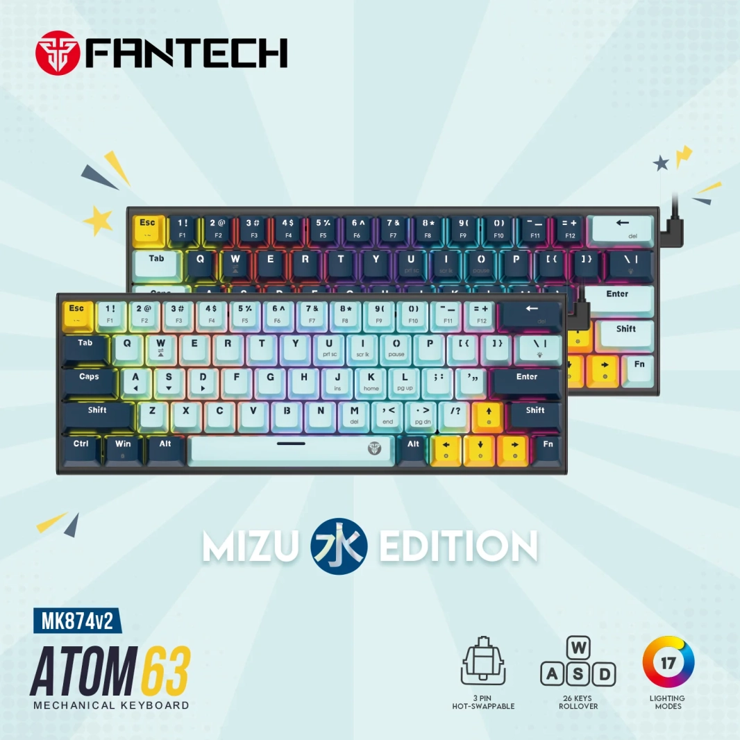 لوحة مفاتيح ميكانيكية قابلة للتبديل السريع من Fantech MK874 V2 Atom 63 باللون الأزرق السماوي