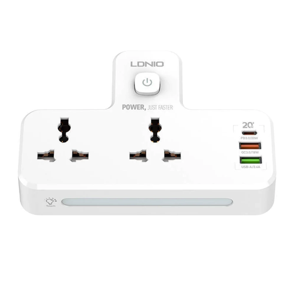 شريط طاقة LDNIO SC2311 مزود بمنفذين للتيار المتردد، ومنفذين USB، ومنفذ USB-C، بقوة 2500 وات