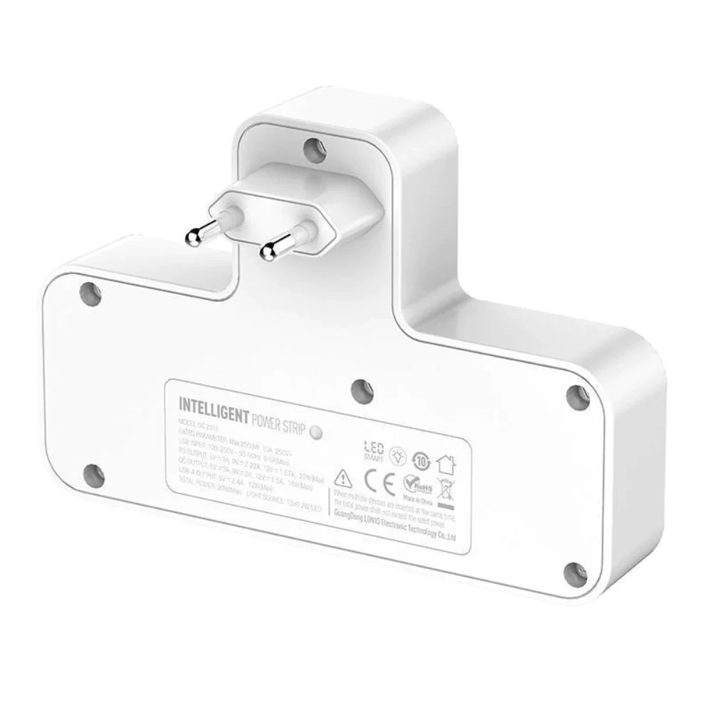 شريط طاقة LDNIO SC2311 مزود بمنفذين للتيار المتردد، ومنفذين USB، ومنفذ USB-C، بقوة 2500 وات