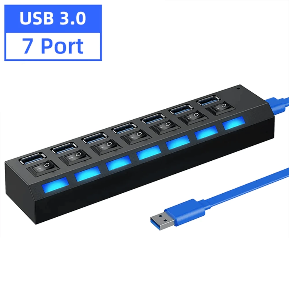 موزع USB 3.0 متعدد المنافذ مزود بمحول USB 7 لأجهزة الكمبيوتر المنزلية
