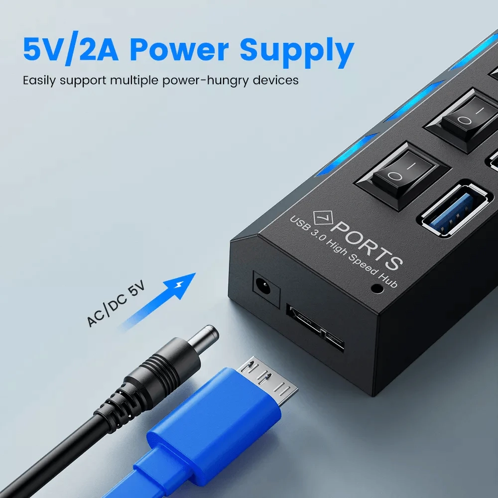 موزع USB 3.0 متعدد المنافذ مزود بمحول USB 7 لأجهزة الكمبيوتر المنزلية