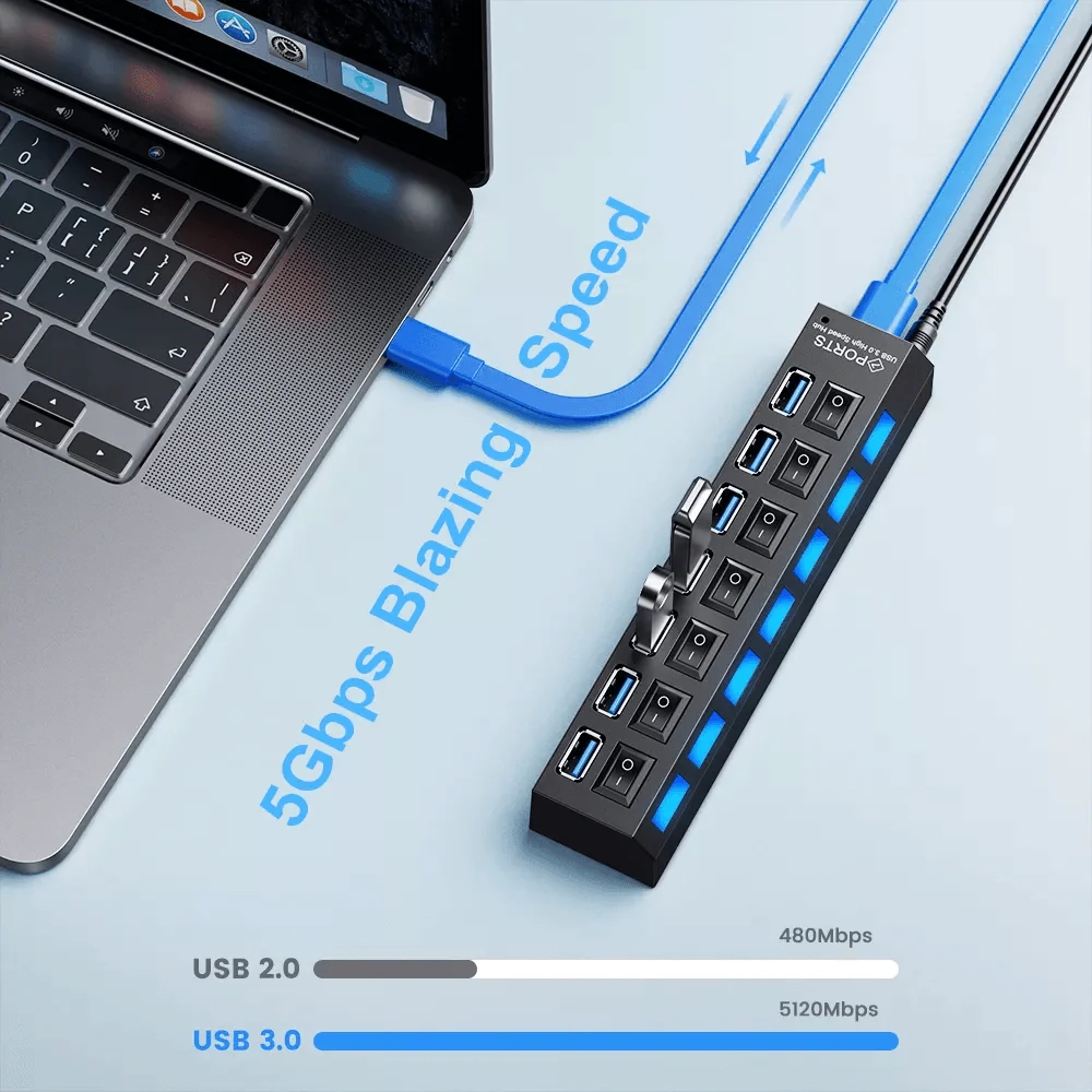 موزع USB 3.0 متعدد المنافذ مزود بمحول USB 7 لأجهزة الكمبيوتر المنزلية