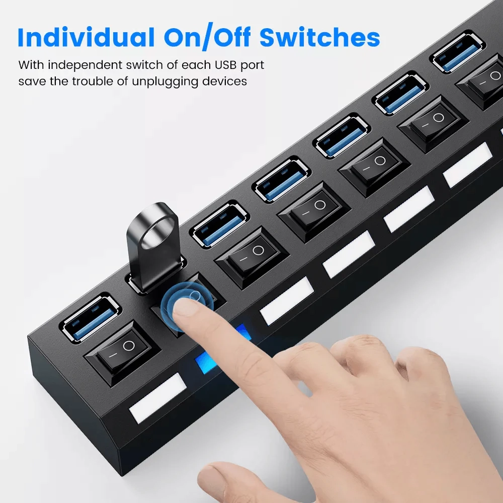 موزع USB 3.0 متعدد المنافذ مزود بمحول USB 7 لأجهزة الكمبيوتر المنزلية