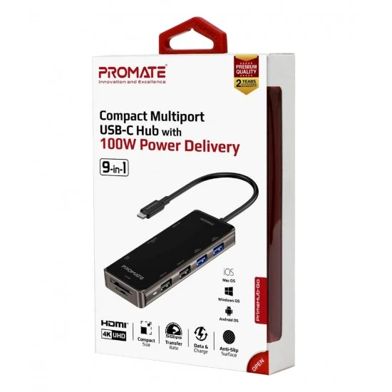 موزع USB-C متعدد المنافذ من بروميت PRIMEHUB-GO صغير الحجم 9 في 1 مع توصيل طاقة بقوة 100 وات