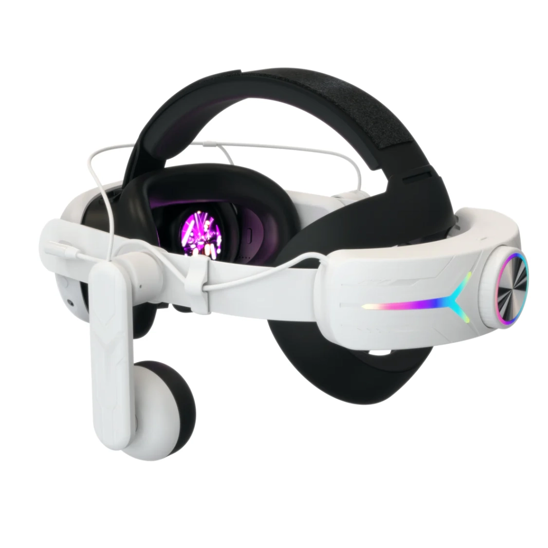 حزام رأس الواقع الافتراضي RGB قابل للتعديل لسماعة الرأس Meta Quest 3 لتقليل ضغط الوجه وبطارية مدمجة 8000 مللي أمبير في الساعة لسماعة الرأس Meta Quest 3 _ أبيض
