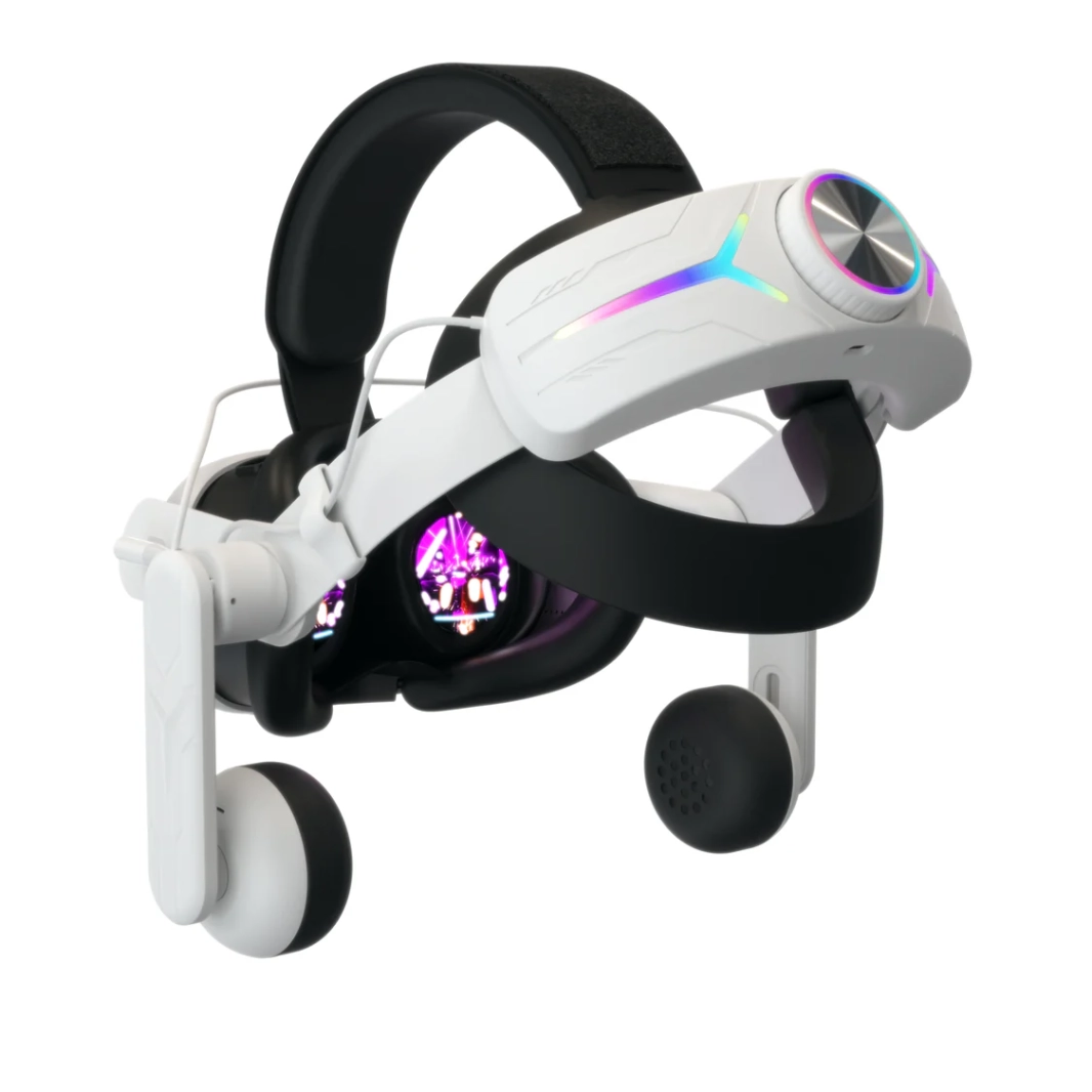 حزام رأس الواقع الافتراضي RGB قابل للتعديل لسماعة الرأس Meta Quest 3 لتقليل ضغط الوجه وبطارية مدمجة 8000 مللي أمبير في الساعة لسماعة الرأس Meta Quest 3 _ أبيض