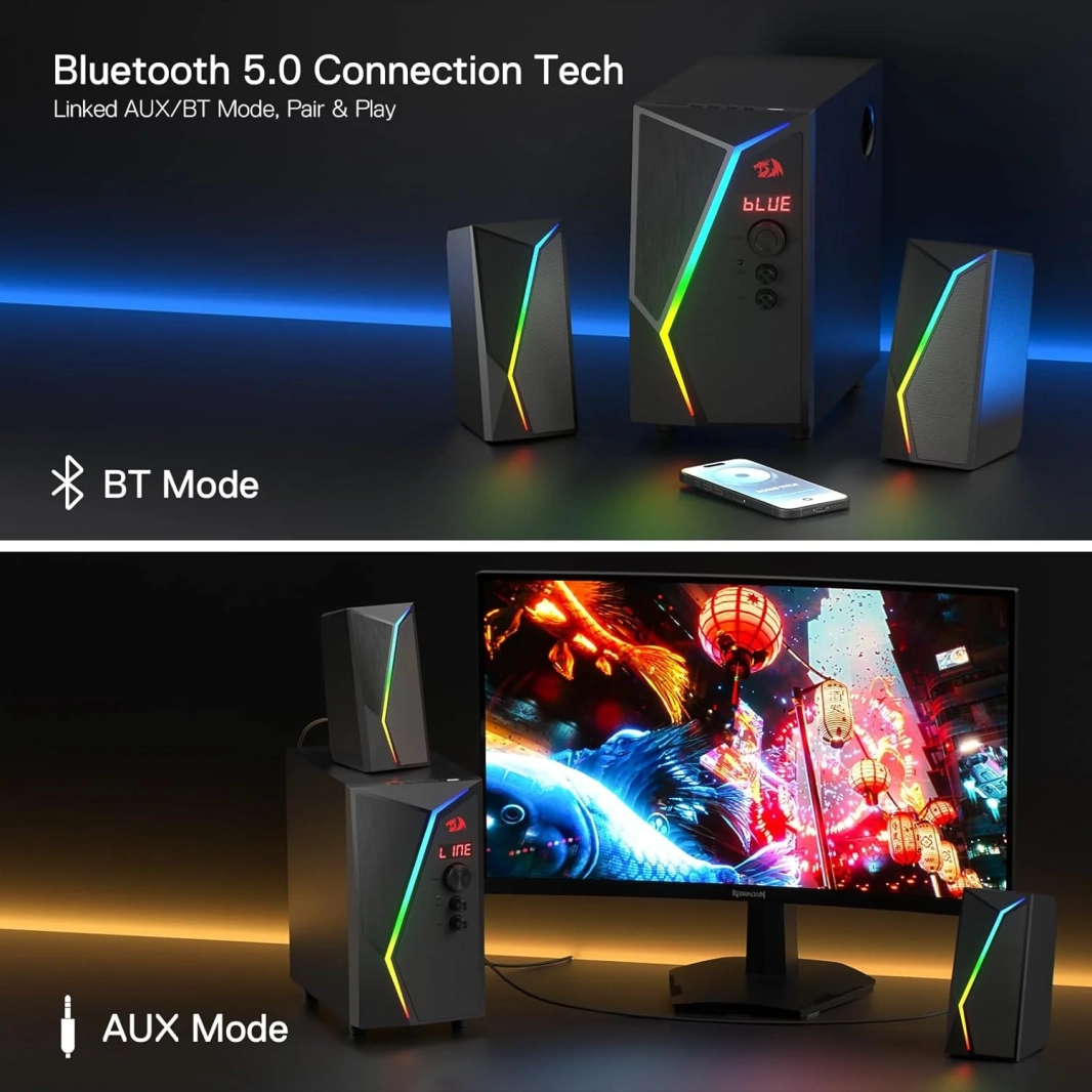 مكبرات صوت Redragon GS520 PRO لألعاب الكمبيوتر مع مضخم صوت، 2.1 قناة RGB